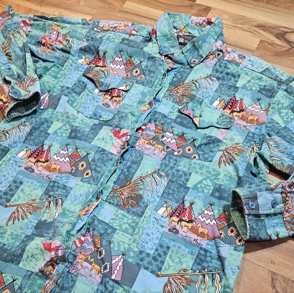 Vintage Parhandle Slim Western Shirt Men’s 16.5 L Teepee Horse Print USA Made - Picture 1 of 10